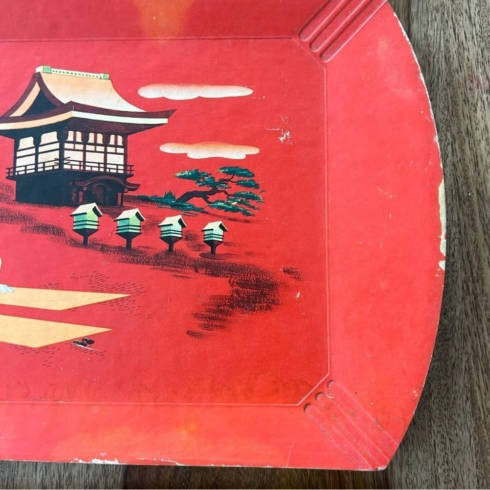 Vintage Hasko wood veneer lap trays red Asian scene MCM 50s set of 3